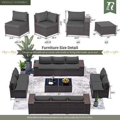 RTDTD Outdoor Patio Furniture Set, 12 Pieces Outdoor Furniture All Weather Patio Sectional Sofa PE Wicker Modular Conversation Sets with Coffee Table,10 Chairs & Seat Clips Grey - WoodArtSupply