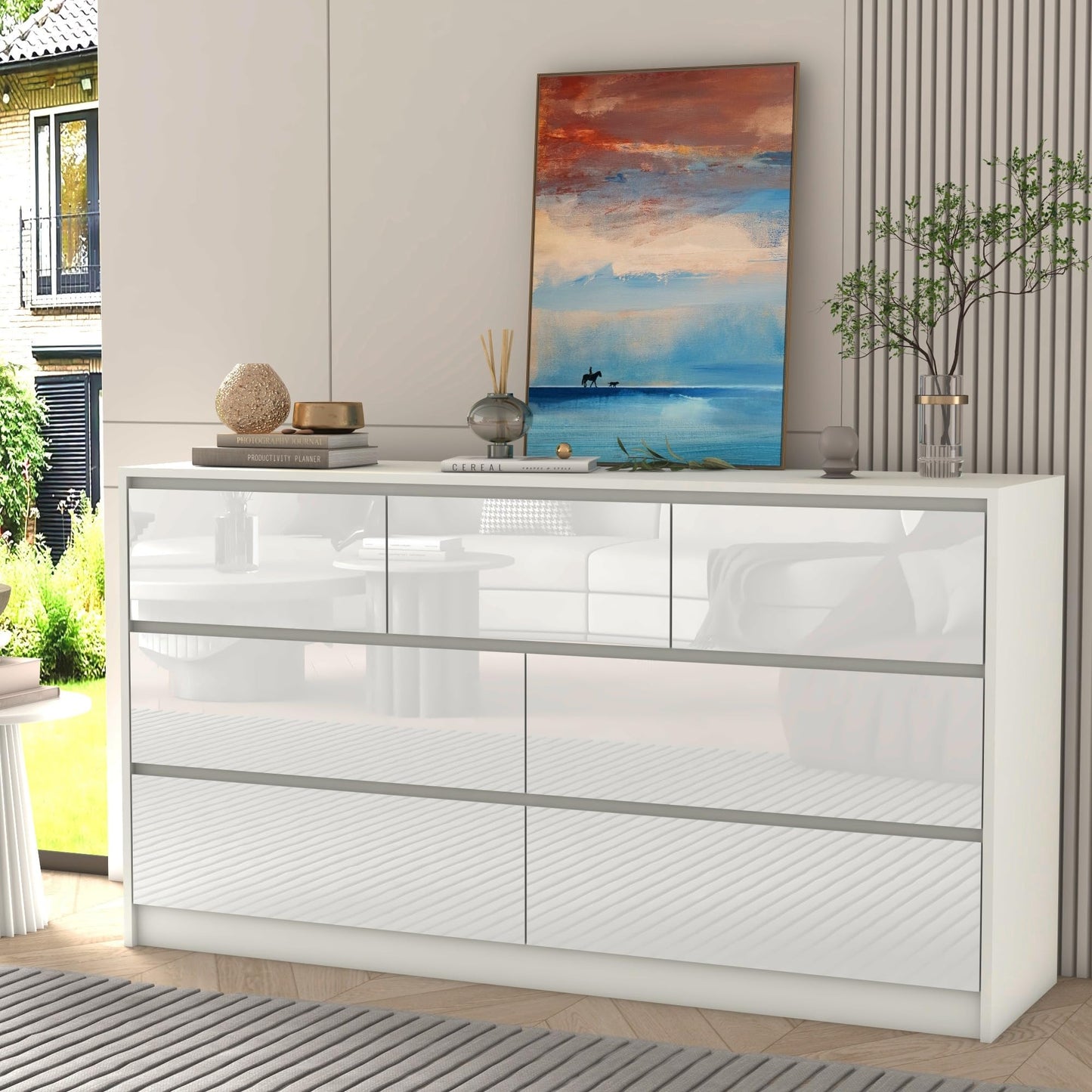 White Malm Dresser for Bedroom, 55 Inch Long Dresser High Gloss Dresser with 7 Drawers, Modern Large Wood Chest of Drawer Handle Free, Dresser for Kids Bedroom, Living Room, Entryway, Hallway, White