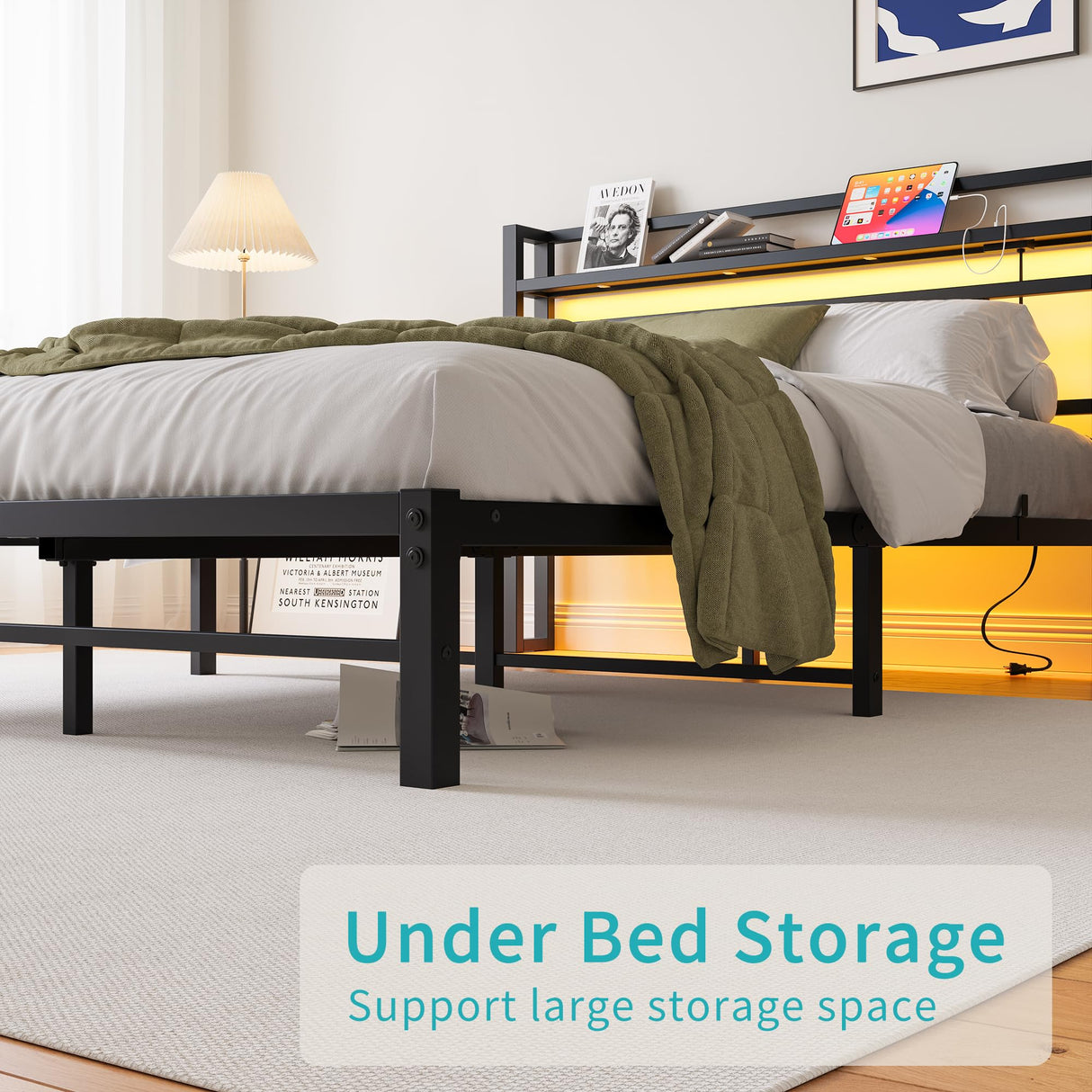 Maliacife Full Size Bed Frame with USB Charging Station, LED Bed with Wood Storage Headboard, Black Metal Platform Bed,Heavy Duty Steel Slats Support,No Box Spring Needed, Noise Free,Easy Assembly Maliacife