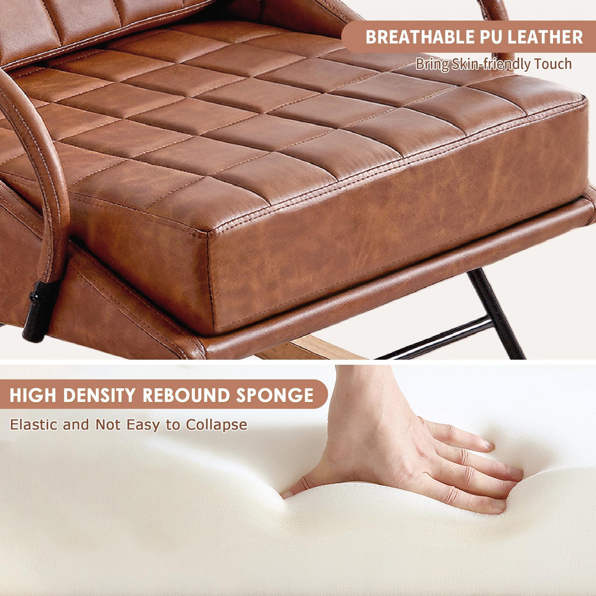 VECELO Rocking Chair Nursery, Over Size Leather Glider Rocker with High Backrest, Upholstered Removable Back, Brown VECELO