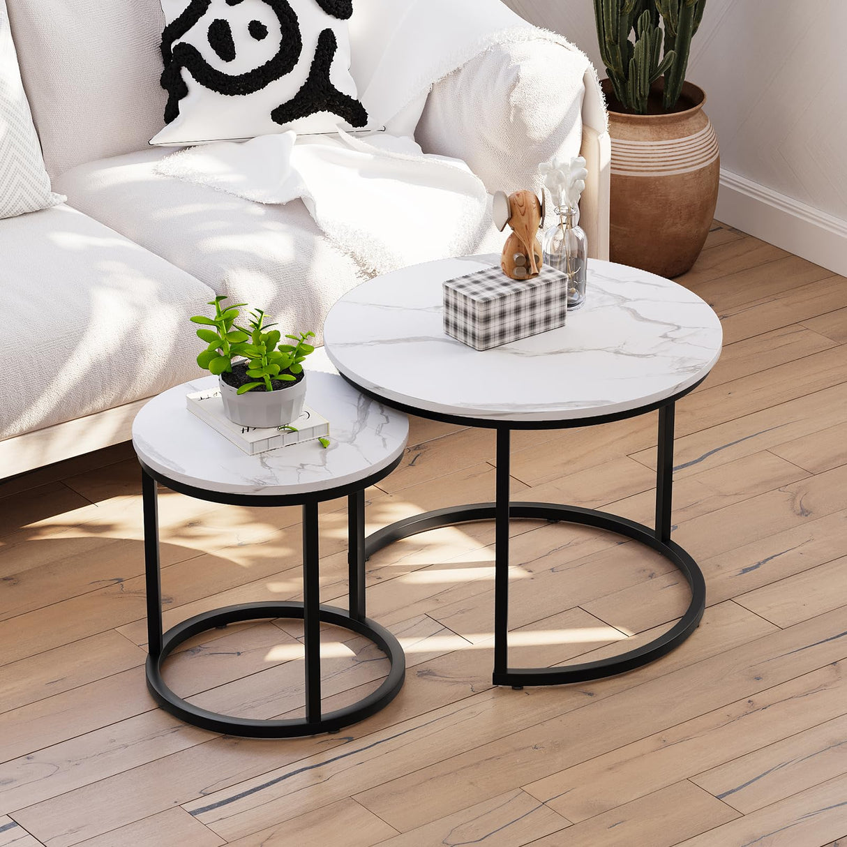 Smuxee White Nesting Coffee Table Set of 2, 23.6" Round Coffee Table Wood Grain Top with Adjustable Non-Slip Feet, Industrial End Table Side Tables for Living Room Bedroom Balcony Yard Smuxee