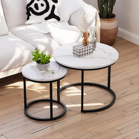 Smuxee White Nesting Coffee Table Set of 2, 23.6" Round Coffee Table Wood Grain Top with Adjustable Non-Slip Feet, Industrial End Table Side Tables for Living Room Bedroom Balcony Yard Smuxee