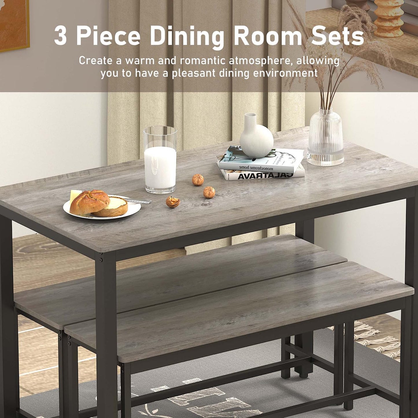 SumKea 3-Piece 4 Bar 2 Dining Benches, 43.3'' Wood Kitchen Table & Chair Set for Breakfast Nook and Small Space, Grey - WoodArtSupply