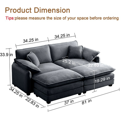 Qupeife Modular Sectional Sofa with 2 Ottoman, Cloud Couch Sectional 4 Seat Sofa, Small Sectional Couch for Living Room (Grey, Loveseat with 2 Ottomans)