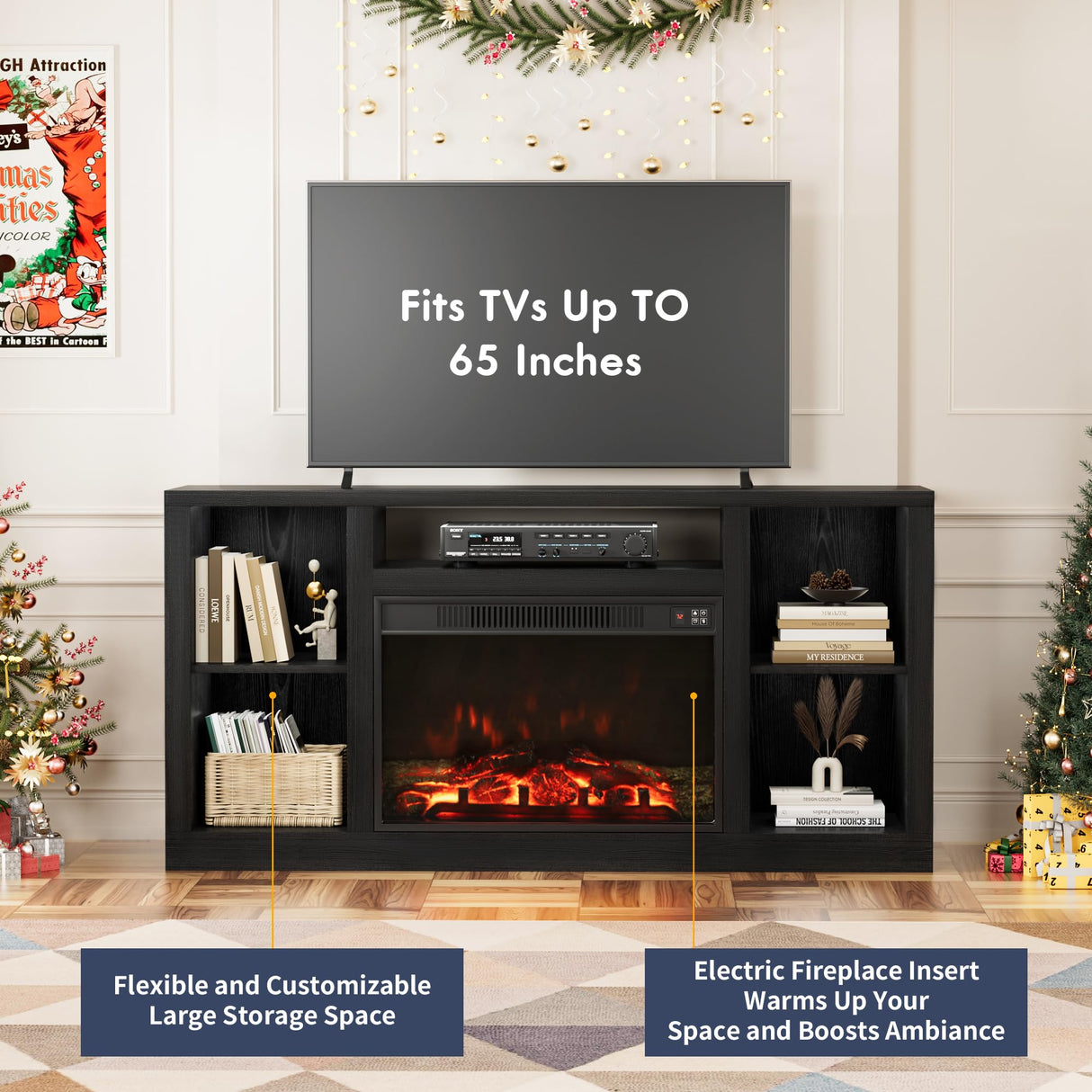 Furniwell Fireplace TV Stand for 65 Inch TV, Media Entertainment Center Console Table with 26" Electric Fireplace, Farmhouse TV Stand with Storage Cabinet for Living Room (Black) Furniwell