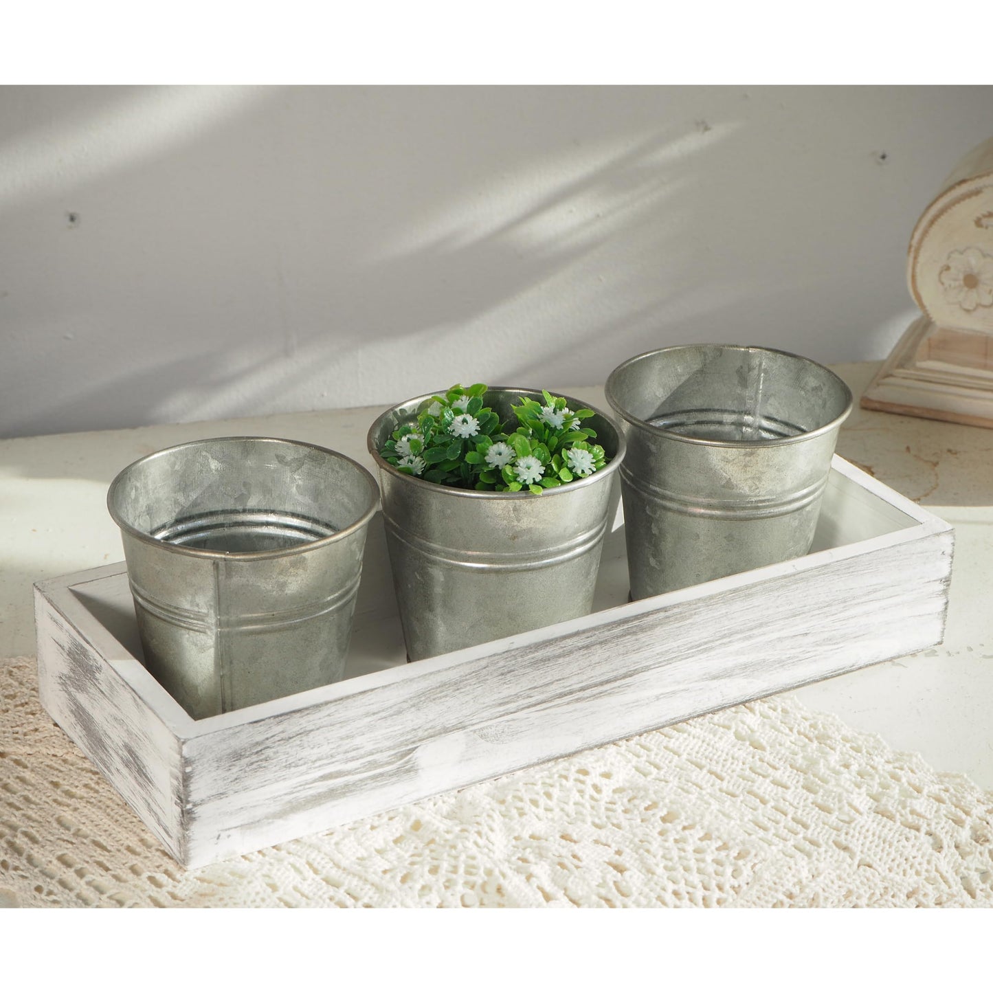 SOFE Herb Garden Planter Indoor, Windowsill Metal Planter Set of 3 with Wood Tray, Farmhouse Flower Pot Galvanized Bucket Planter, Small Potting Pots for Rosemary, Basil, Cilantro