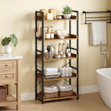 Rolanstar Bookshelf 5 Tier with 4 Hooks, Industrial Wood Bookcase, Vintage Storage Rack with Open Shelves, Rustic Standing Bookshelves Display Rack for Living Room, Bedroom, Rustic Brown Rolanstar