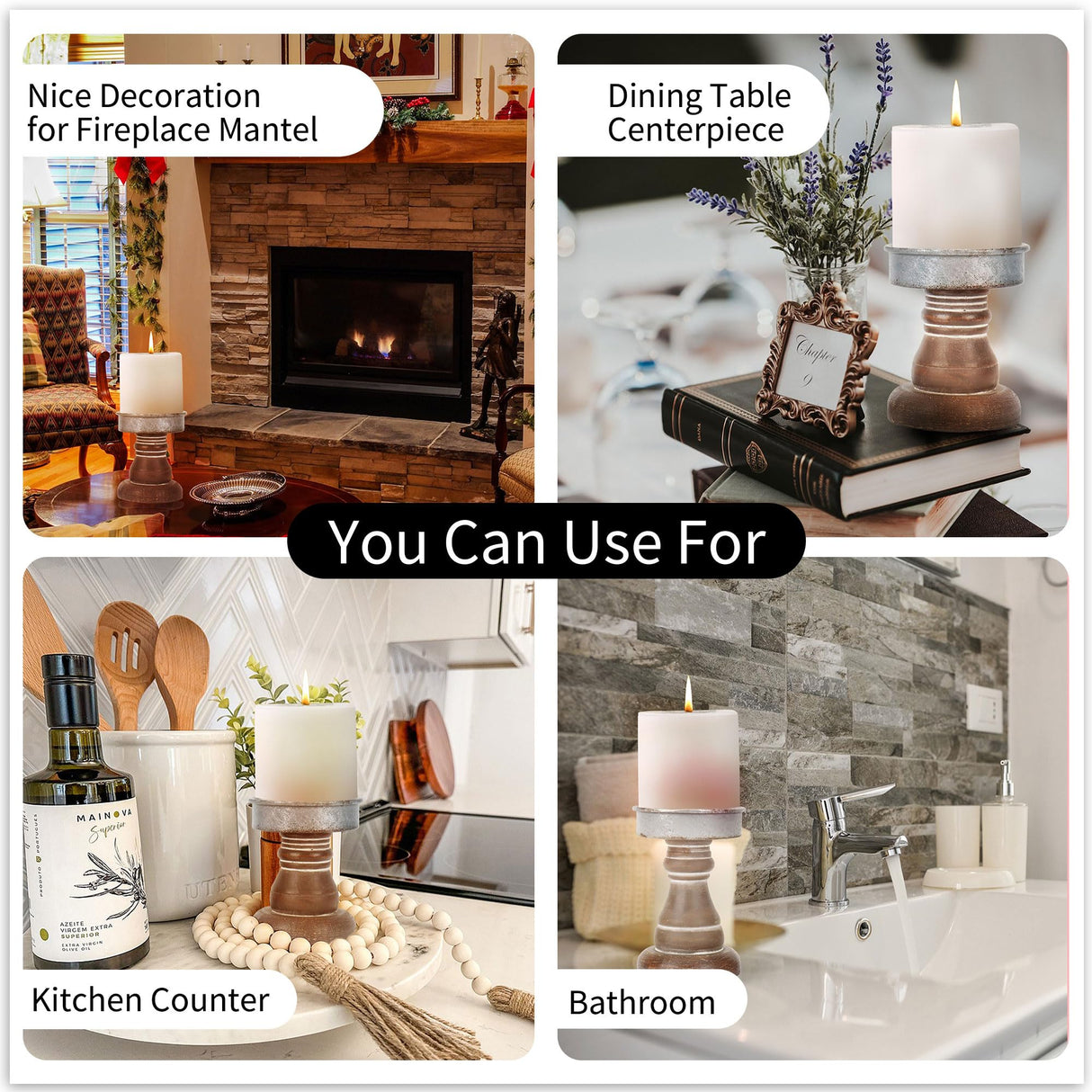 GenMous&Co. Decorative Candle Holders Pedestal Rustic Wood for Pillar Candle Farmhouse Candlestick Holder Galvanized Plate for Mantel, Dining Table, Centerpiece,Coffee Bar,Set of 2（Brown GENMOUS & CO.