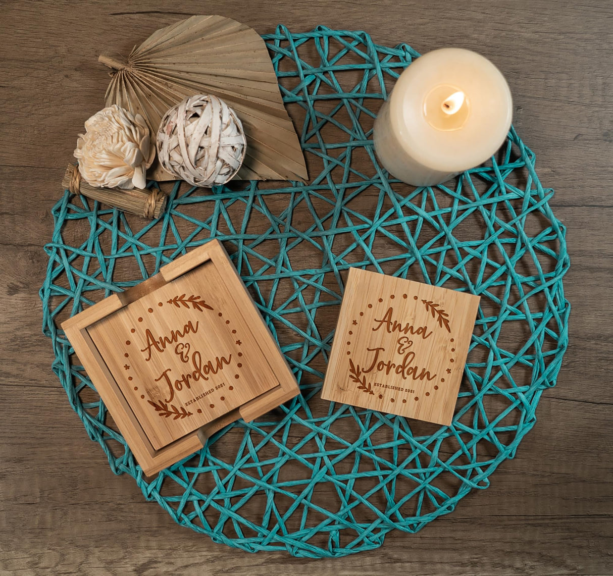 Tayfus Personalized Bamboo Coasters, Set of 4 Square Custom Coaster with Holder, Customized Gift Ideas For Christmas, Anniversary, Housewarming, Birthday, Engagement, Wedding Tayfus