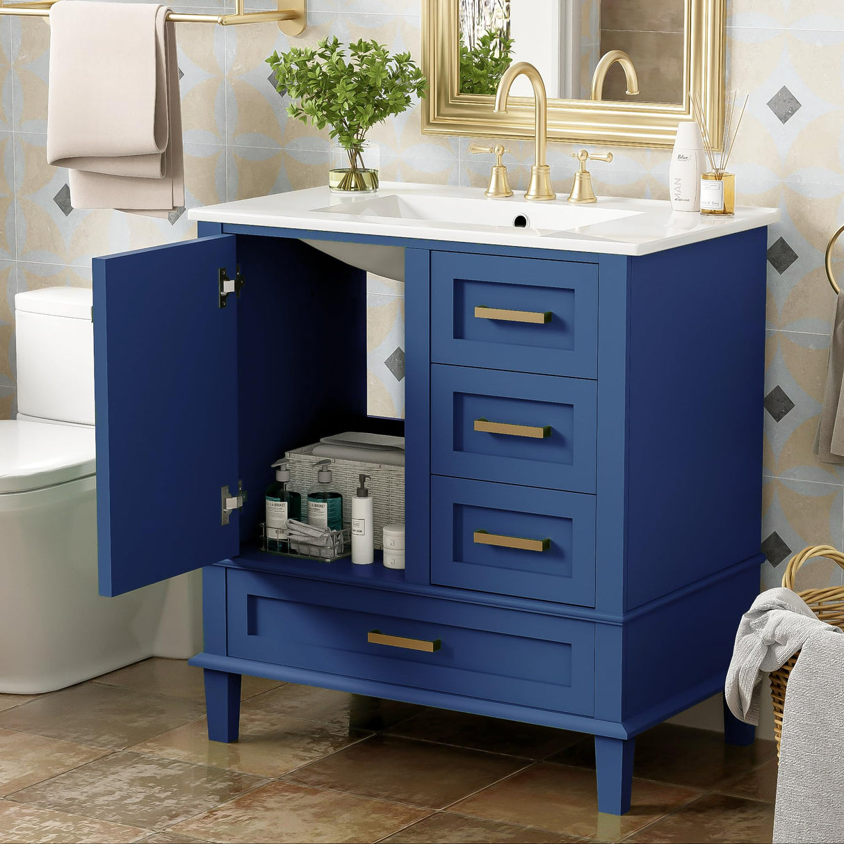 30" Bathroom Vanity with Sink, 30 Inch Bathroom Vanity with Top, 3 Drawers and 1 Soft Closing Door, Modern Bathroom Vanity with Sink 30 Inch for Bathroom (Blue) Mirightone