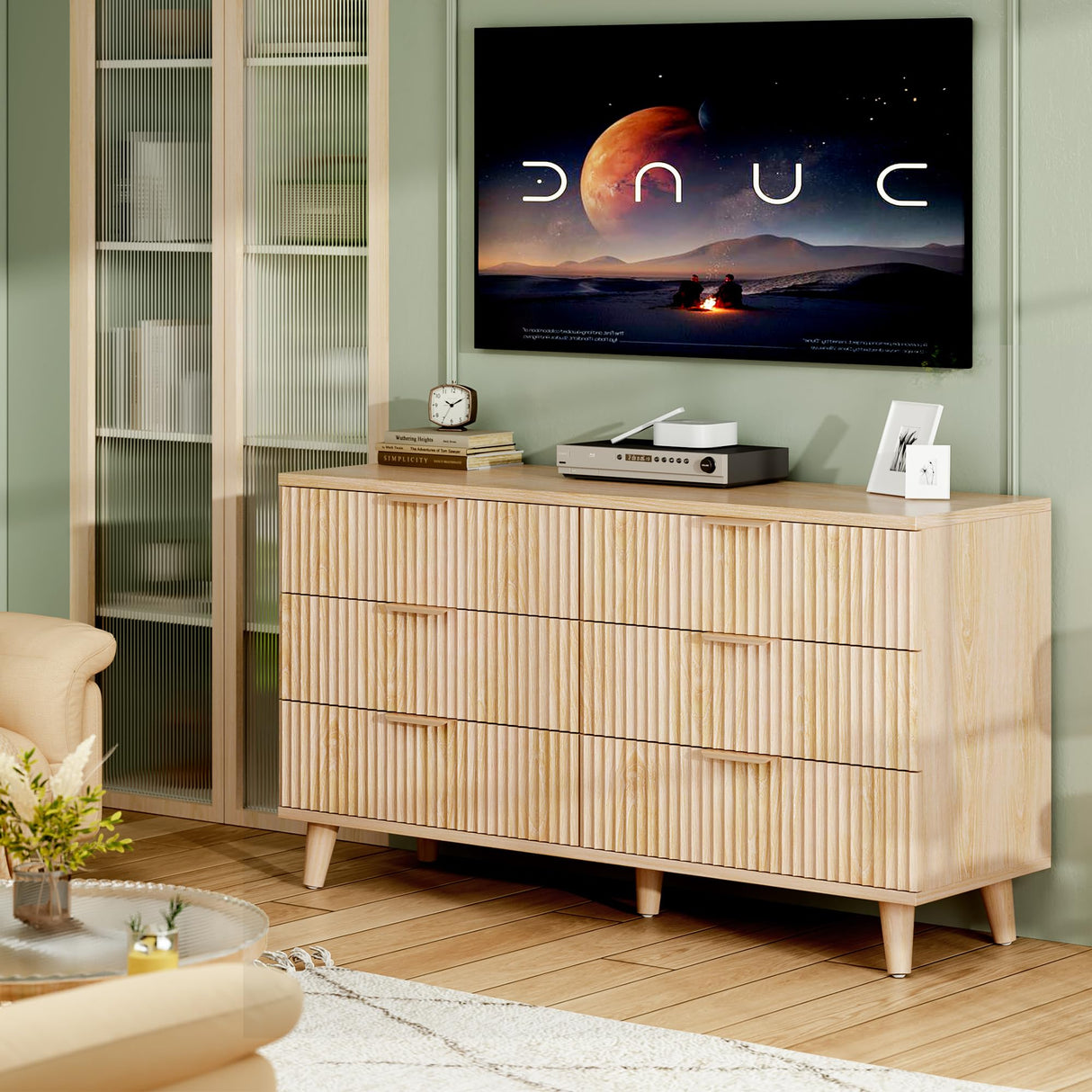 Lulive Dresser for Bedroom Wood Dressers Chest of Drawers, Fluted 53.2" Wide Modern Long Dresser TV Stand 6 Drawers for Bedroom, Closet, Living Room, Hallway (Natural) Lulive