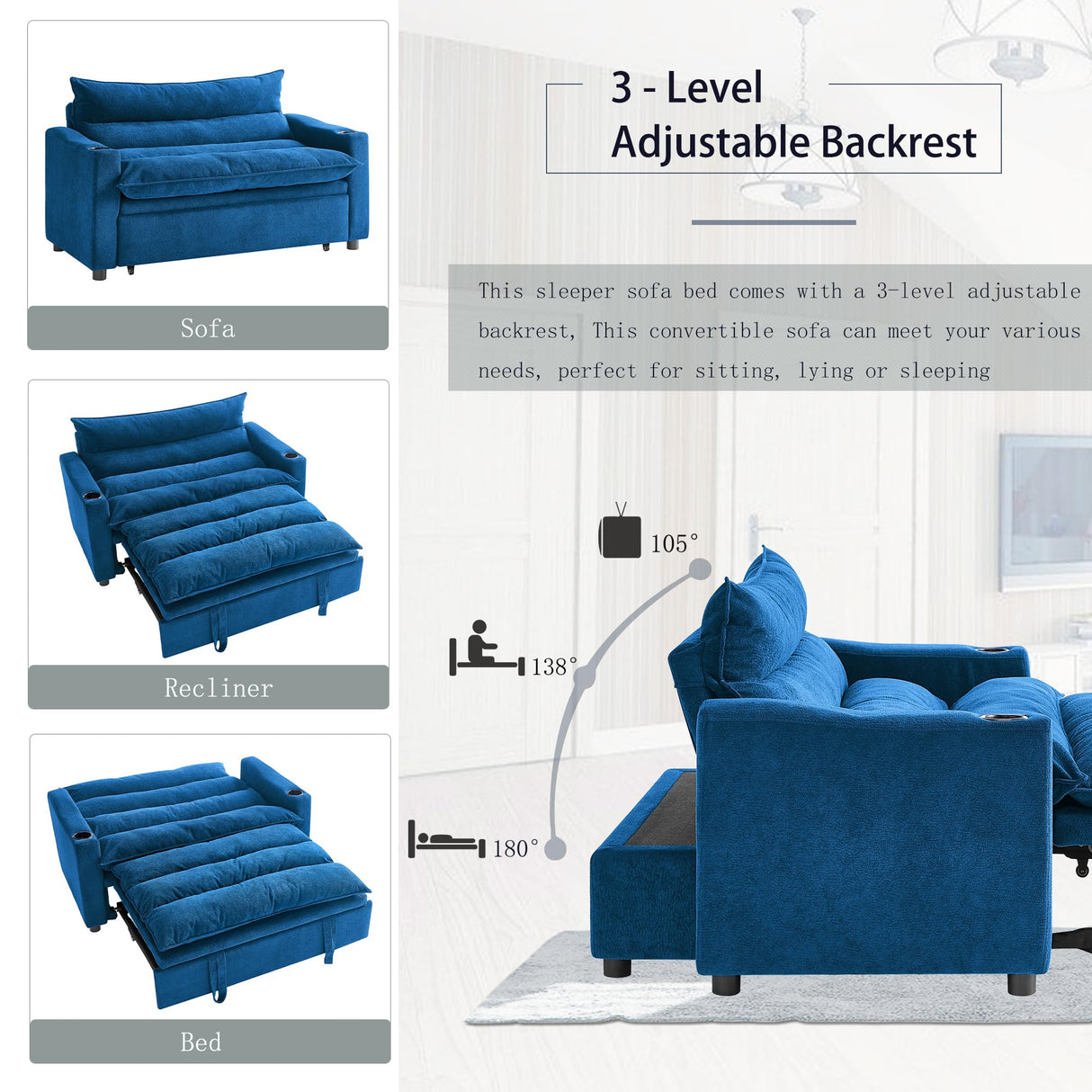 3 in 1 Convertible Pull Out Sleeper Sofa Couch Bed, 56.3" Velvet Futon Loveseat Lounge Chaise Recliner Sofabed with Adjustable Backrest & Cupholders and Cloud Cushions Eafurn