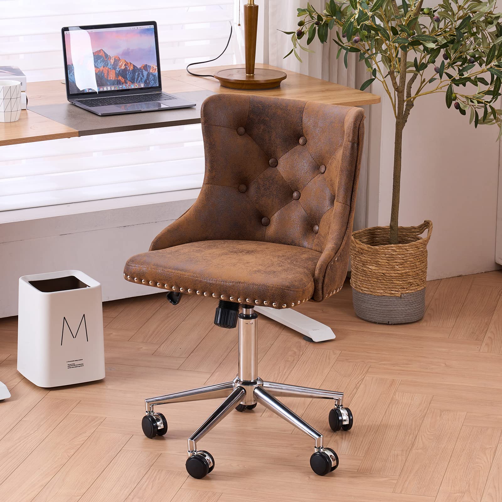 VINGLI Rustic Microfiber Armless Home Office Desk Chair with Gold Base/Wheels, Small Cute Vanity/Makeup Chair with Back for Bedroom, Upholstered Adjustable Rolling Swivel Nail Chair for Women - WoodArtSupply