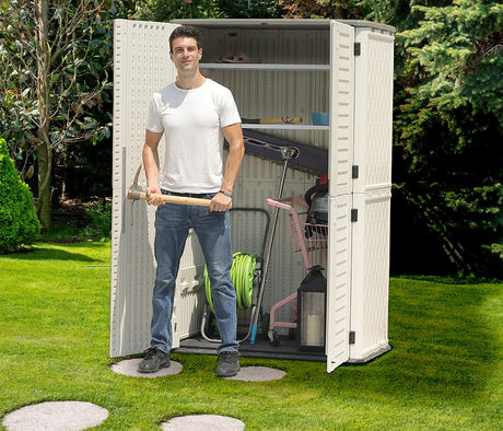 KINYING Outdoor Storage Shed Waterproof, Resin Vertical Storage Cabinet Double-Layered, Versatile to Store Patio Furniture, Garden Tools, Pool Accessories,Mower (66 Cu.ft,White) KINYING
