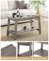 Coffee Table, Coffee Table for Living Room, Modern Farmhouse Coffee Table with Storage Shelf, 2-Tier Living Room Table Rectangular Center Table, Home Office Industrial Cocktail Tables, Grey Garvee