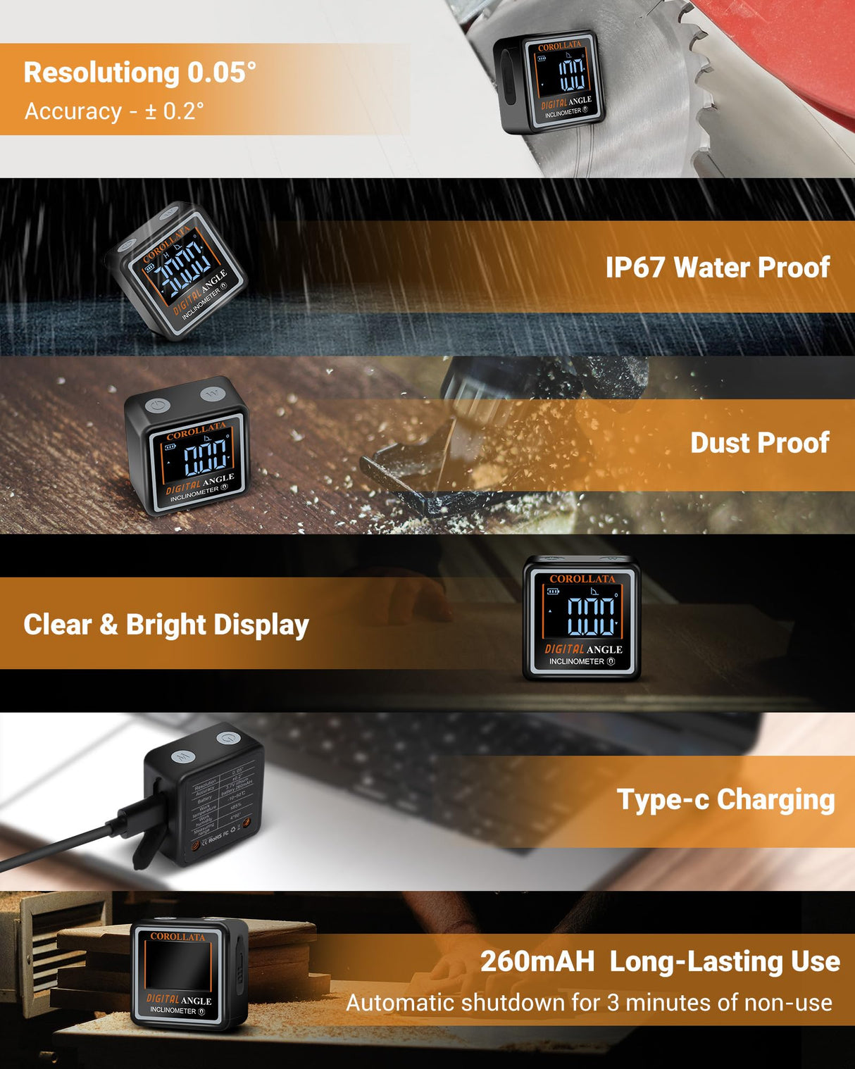 Ultra Small Digital Angel Finder Magnetic Level, Rechargeable Angle Cube, Table Saw Miter Gauge, 4 * 90 Degree Protractor Electronic Inclinometer, Wood Working Measuring Tool COROLLATA