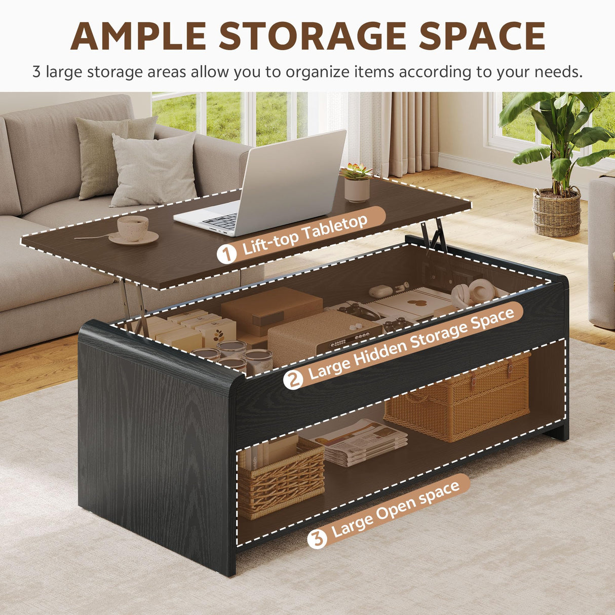 Homiflex Lift Top Coffee Table, 35'' Multi-Function Coffee Table with Hidden Compartment & Open Shelf, Curved Profile Design, Converts to Home Office Table, Dining Table for Living Room, Black Homiflex