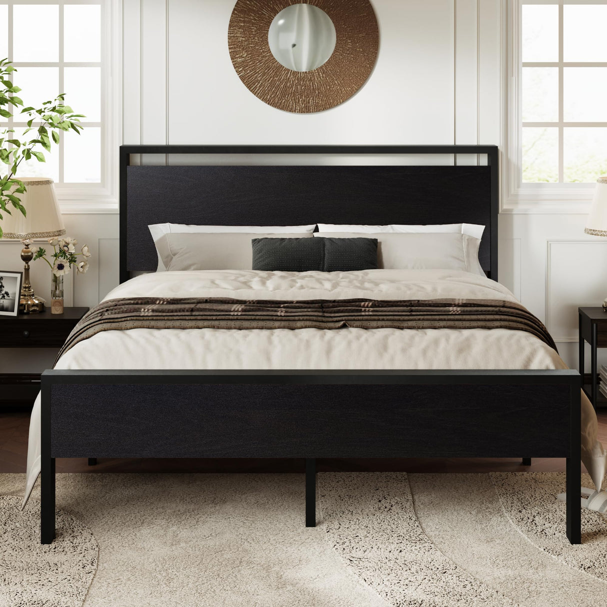 Allewie Queen Size Black Oak Platform Bed Frame with Wooden Headboard and Footboard Allewie
