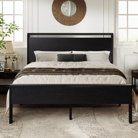 Allewie Queen Size Black Oak Platform Bed Frame with Wooden Headboard and Footboard Allewie