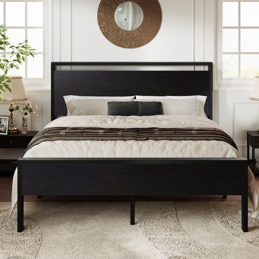 Allewie Queen Size Black Oak Platform Bed Frame with Wooden Headboard and Footboard - WoodArtSupply