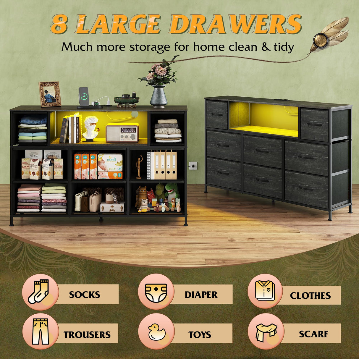 WLIVE Black Dresser for Bedroom, TV Stand for Bedroom for 55 inch TV with Charging Station and LED Lights, Fabric Chest of Drawers with Open Shelves, 8 Drawers Dressers for Living Room, Closet WLIVE