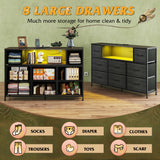 WLIVE Black Dresser for Bedroom, TV Stand for Bedroom for 55 inch TV with Charging Station and LED Lights, Fabric Chest of Drawers with Open Shelves, 8 Drawers Dressers for Living Room, Closet WLIVE