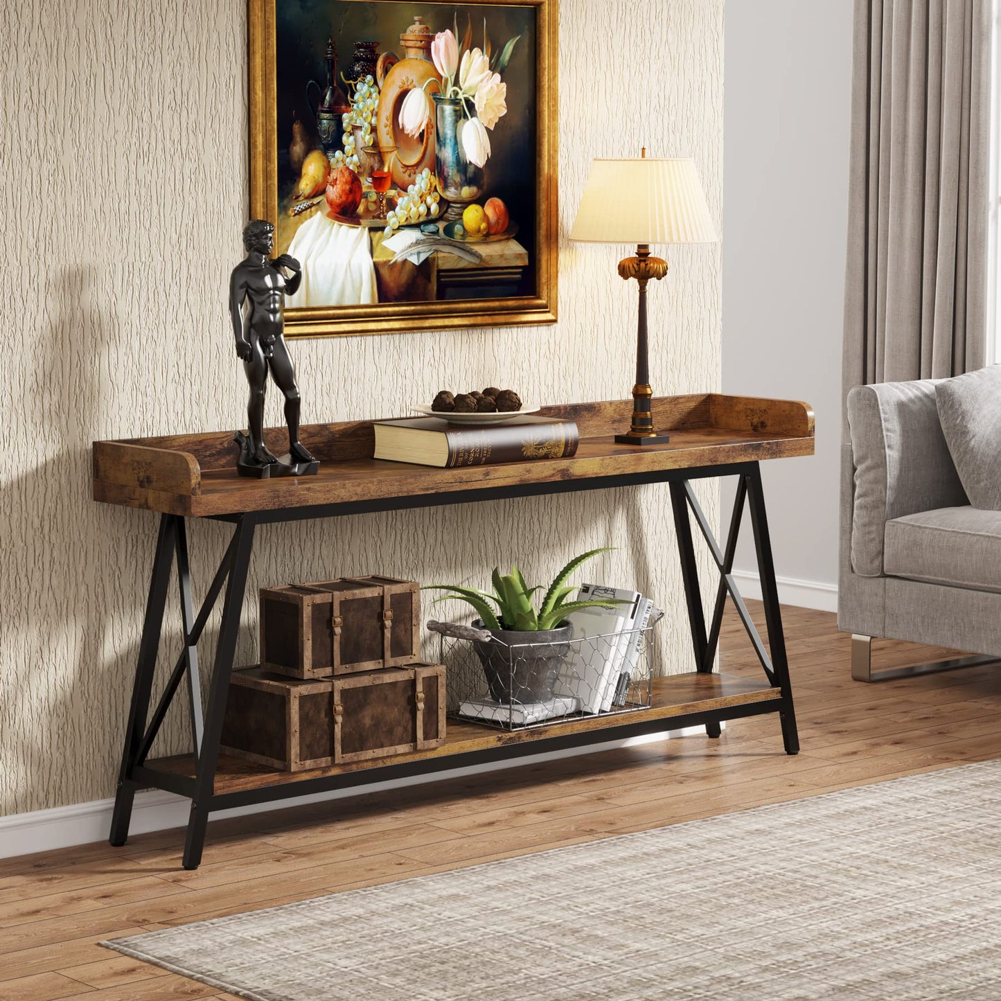 LITTLE TREE 70.9 Inch Retro Brown Console Table - Narrow Entryway & Behind Couch Accent Table