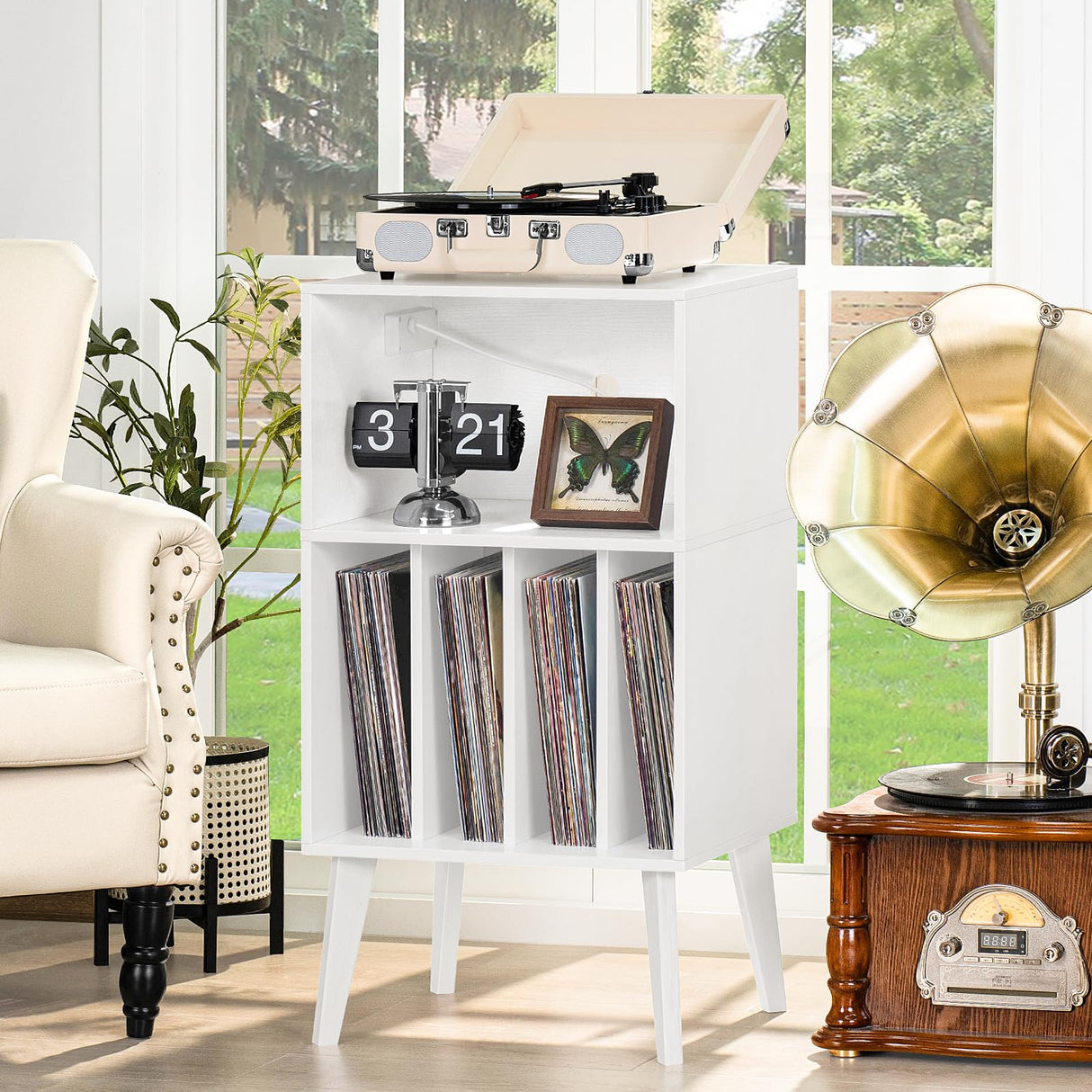 Lerliuo Record Player Stand with Charging Station, White Turntable Stand Holds up to 160 Albums, Mid-Century Vinyl Storage Cabinet Table with Wood Legs, Record Holder Dispaly Shelf for Living Room Lerliuo