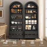 RALGEND Farmhouse Arched Bookshelf, 7 Tiers Arch Bookcase with 2 Spacious Drawers, Modern Book Shelf with Open Display Shelves and Storage Cabinet, for Office, Living Room, Kitchen, Black RALGEND