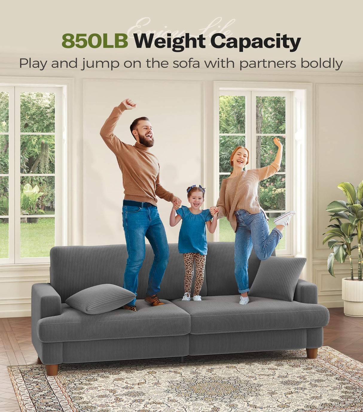 Kidirect 87in Corduroy Couch, Sofas for Living Room No Tool Assembly, Comfy Couches for Living Room 21in Deep Seats, Oversized Loveseat Sofa with 2 Pillows, 3 Seater Couch for Bedroom,Grey Sofa Kidirect