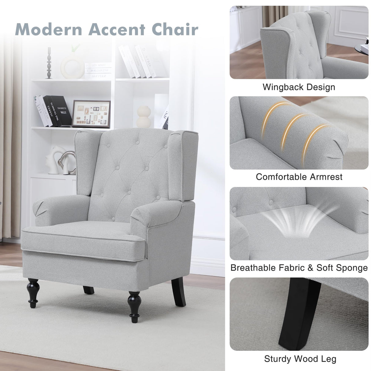 choairy Accent Chair for Living Room, Mid Century Modern Wingback Chair, Upholstered Fabric Armchair with High Back and Vintage Legs, Comfy Single Sofa Side Reading Chairs for Bedroom, Light Grey choairy
