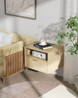 Floating Nightstand Set of 2 - Fluted Night Stand with Charging Station Wood Wall Mounted Nightstand with Drawer & Open Shelf, Modern Bedside Table Large End Table for Bedroom Closet DEMEGA