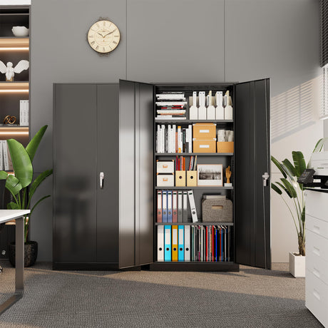 Metal Storage Cabinet with Lock, 71" Tall Black Garage Cabinet with 2 Doors & 4 Adjustable Shelves, Lockable Steel File Cabinet for Home Office, Garage, School, Gym Pataku