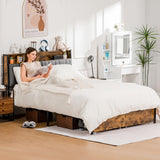 COMHOMA Platform Bed Frame with LED Lights and Charging Station, Storage Headboard and Footboard Drawers, No Box Spring Needed, Rustic Wood Look (Queen) COMHOMA