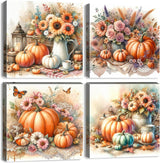 Fall Diamond Art Kits for Adults,5D Pumpkin Flower Diamond Art 4-Piece Set,DIY Full Drill Diamond Painting Kit,Home Wall Decor Diamond Painting (11.8x11.8 Inch) YULIDECO