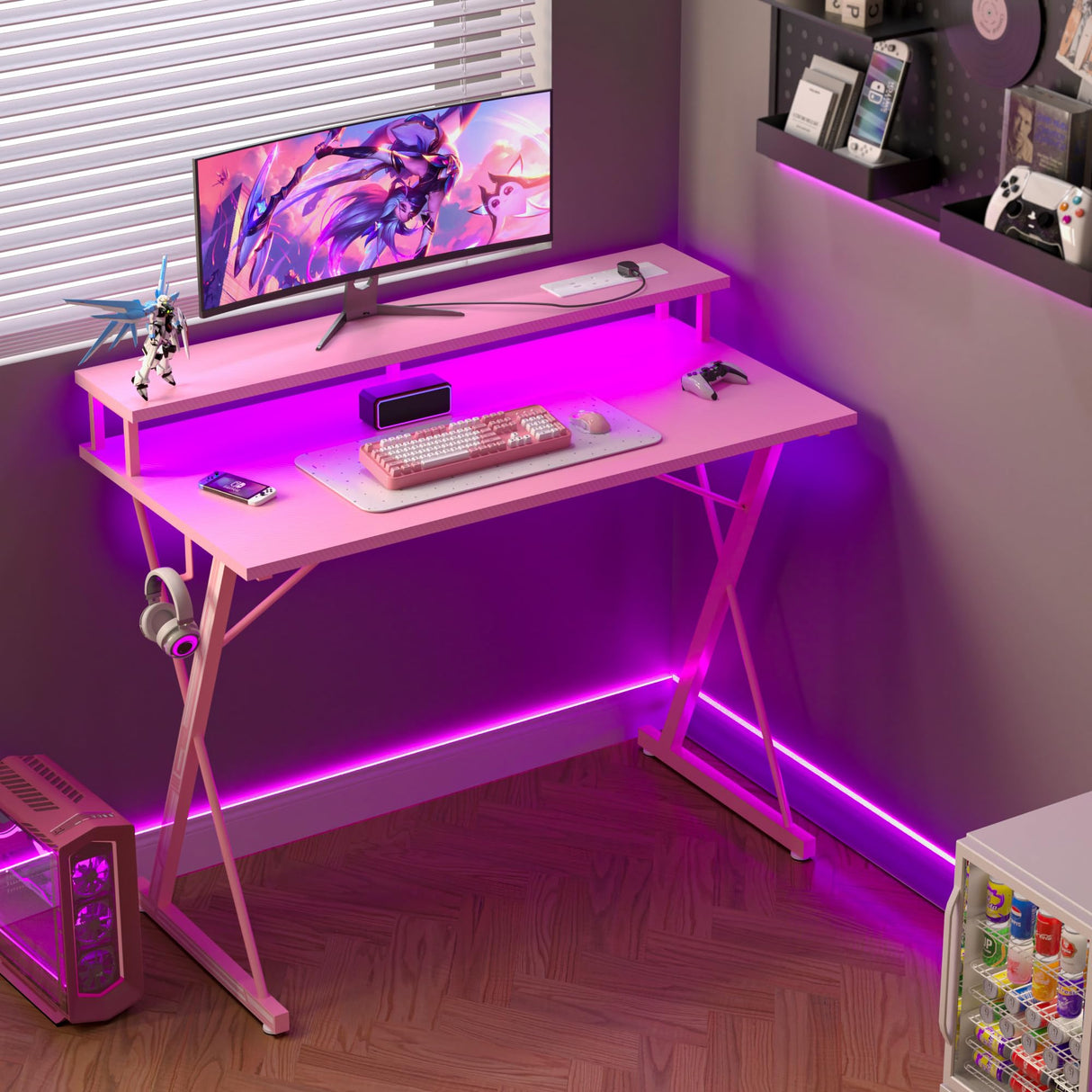 TIQLAB Gaming Desk with Power Outlets & LED 40 Inch Ergonomic Computer Carbon Fiber Surface Gamer Desk, Large Monitor Stand, Headphone Hook, PC Workstation for Bedroom, Pink Desk TIQLAB