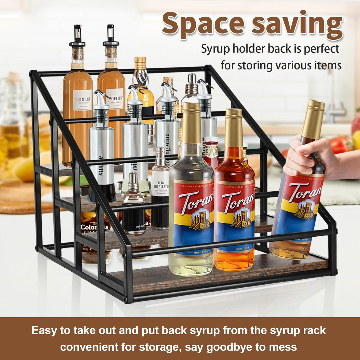 Coffee Syrup Organizer Rack, Liquor Bottle Display Shelf, Spice Racks, 4-Tier 16 Syrup Bottles Holder Stand for Coffee Bar Kitchen Small Wine Rack for Bar Family Storage for Syrup Wine Dressing YQBRAO