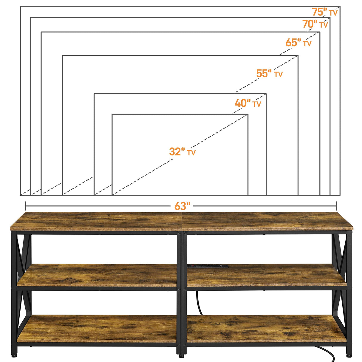 Yaheetech TV Stand with Power Outlet, Industrial TV Stand for 75 Inch TVs, Media TV Console Table with Open Storage Shelves for Living Room, Rustic Brown Yaheetech
