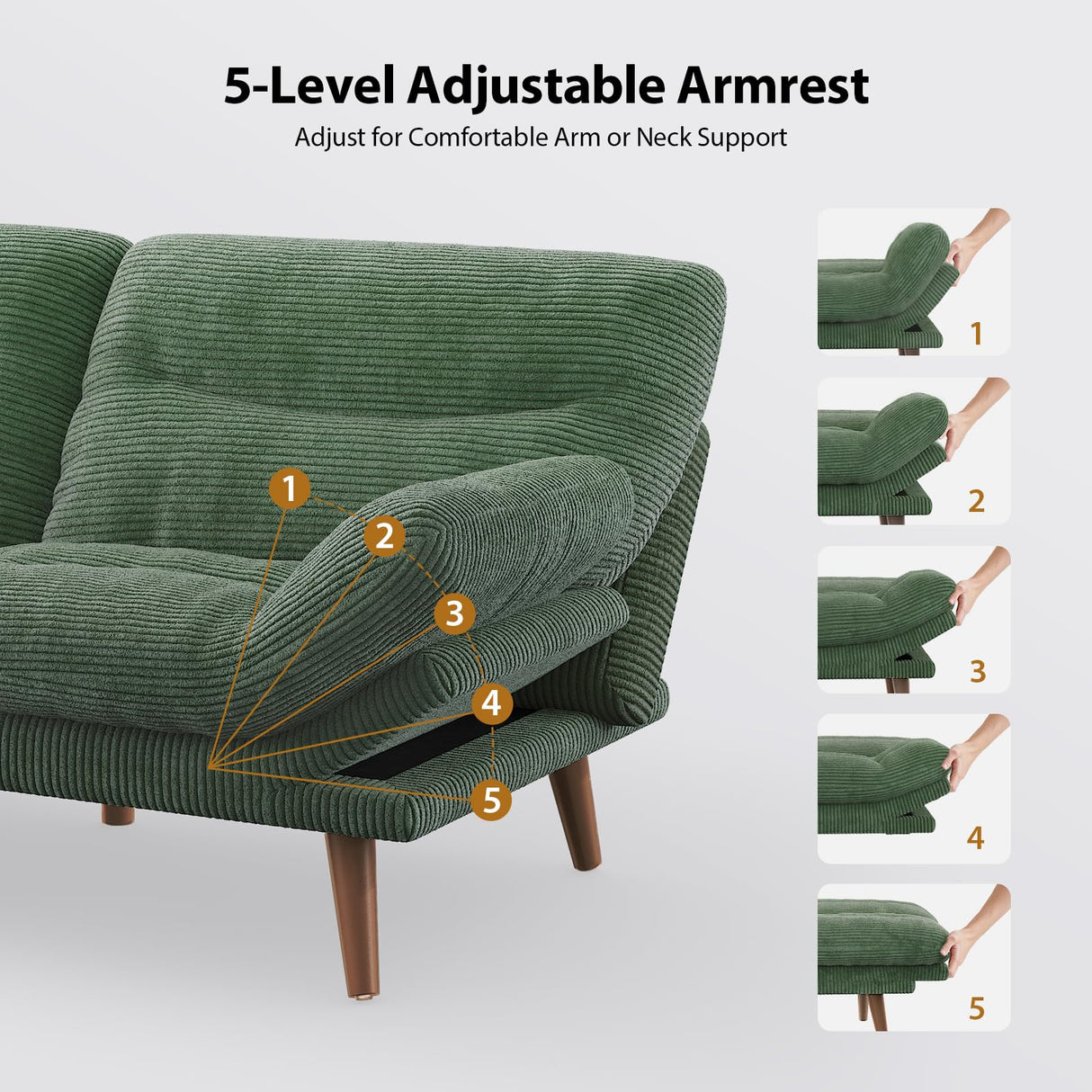 Pipishell Convertible Futon Sofa Bed,66" Corduroy Futon Couch with Adjustable Backrest and Armrests, Recliner Sleeper Sofa for Small Spaces, Play Room or Office, Green Pipishell