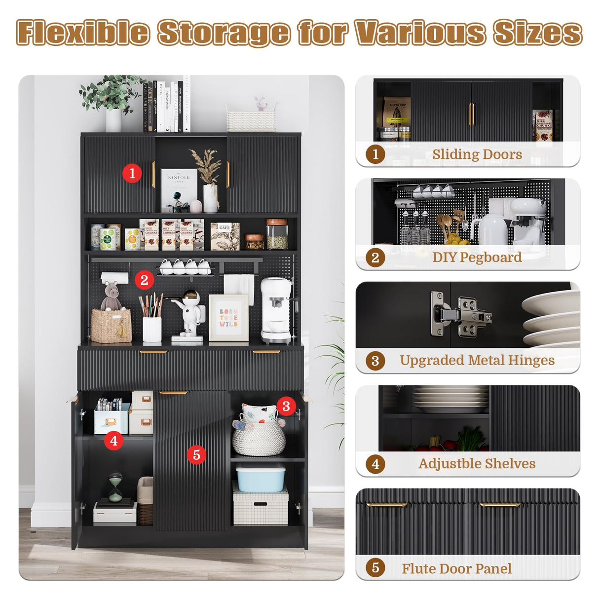 Buenhomino Kitchen Pantry Cabinet with Storage & Pegboard, 71" Tall Hutch Storage Cabinet with Power Outlets, Freestanding Food Pantry Cabinet with Microwave Stand Spice Rack for Dining Room - Black Buenhomino