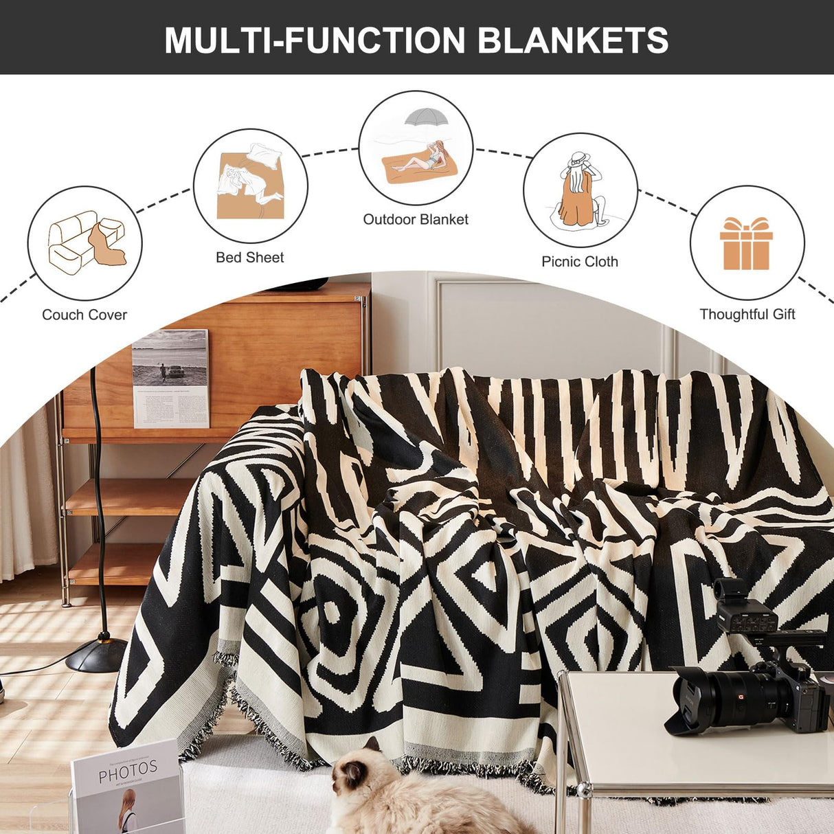 STACYPIK Thick Christmas Boho Couch Cover Chenille Cat Dog Anti-Scratch Sofa Cover Black White Plaid Sectional Couch Cover Washable Couch Protector for 2 Cushion Couch Futon Loveseat Cover-71x118IN STACYPIK