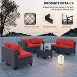 Kullavik 7 Pieces Outdoor Patio Furniture Set,Sectional Rattan Sofa Set Brown PE Rattan Wicker Patio Conversation Set with Tempered Glass Coffee Table and Washable Cushions Covers,Red Kullavik
