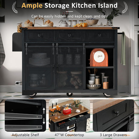 Amposei Farmhouse Kitchen Island on Wheels with Drop Leaf & Power Outlet, 53.7-Inch Rolling Storage Island Cart Breakfast Bar with Drawers, Sliding Barn Door Cabinets, Spice Rack (Black) Amposei