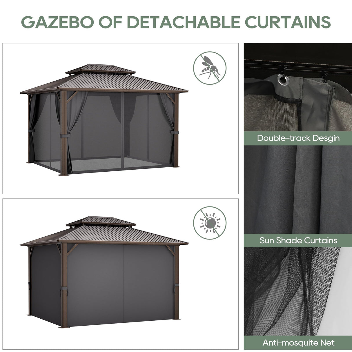 Sumshadow 10' x 12' Hardtop Gazebo, Aluminum Frame Canopy with Galvanized Steel Double Roof, Metal Pavilion with Netting and Curtains, Patio Hard Top Gazebo for Patio, Lawns, Deck, Backyard,Grey Sumshadow