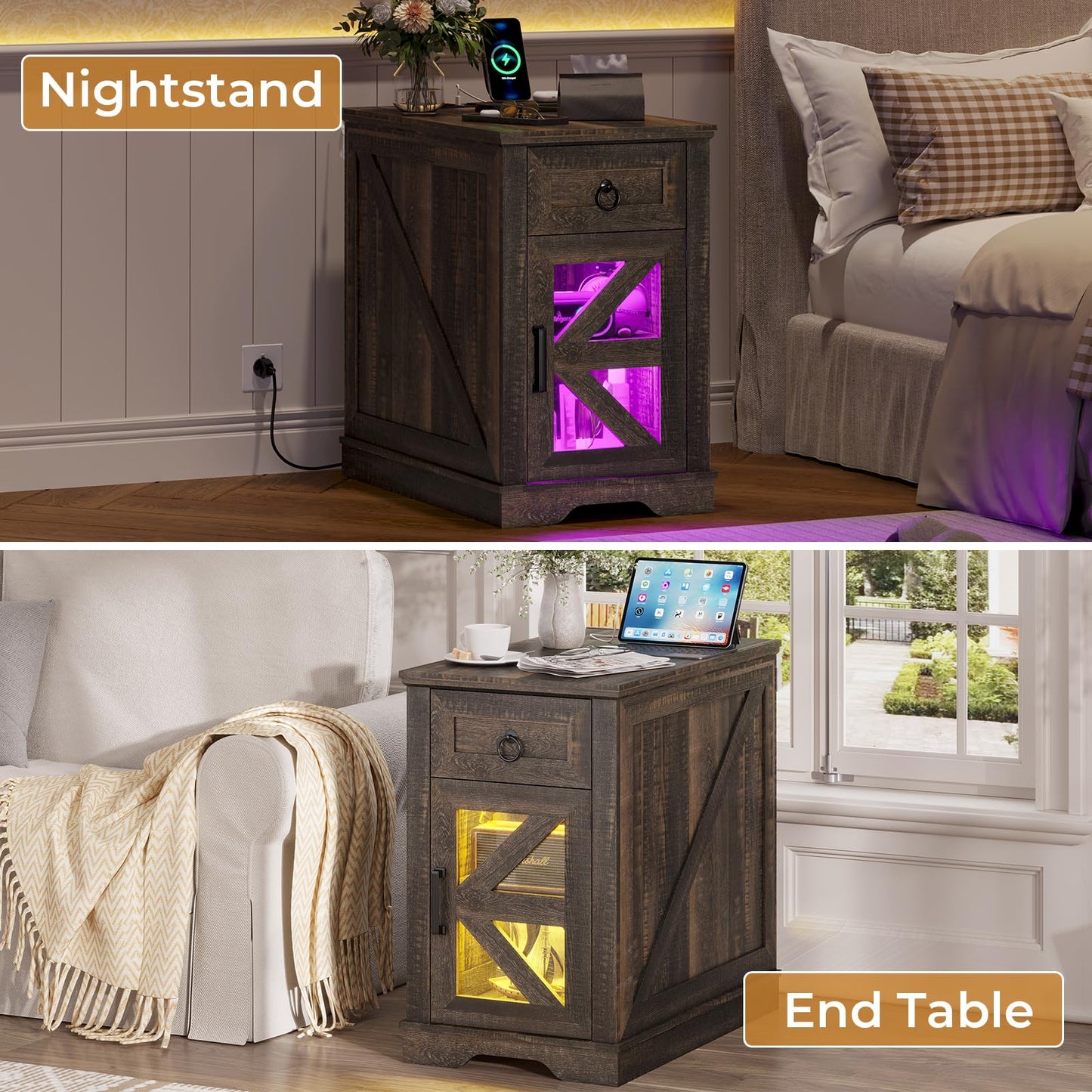 BTHFST End Table Set of 2 with LED Lights & Charging Station, Farmhouse Wooden Set 2 Side Table with Sliding Drawers, Narrow Nightstand with LED Lights for Bedroom, Living Room (Dark Rustic Oak, 2PCS)