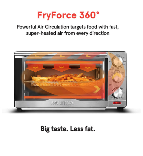 Gourmia GTF7350 6-in-1 Multi-function, Stainless Steel Air Fryer Oven - 6 Cooking Functions - Fry Basket, Oven Rack, Baking Pan & Crumb Tray, Included + Recipe Book Gourmia