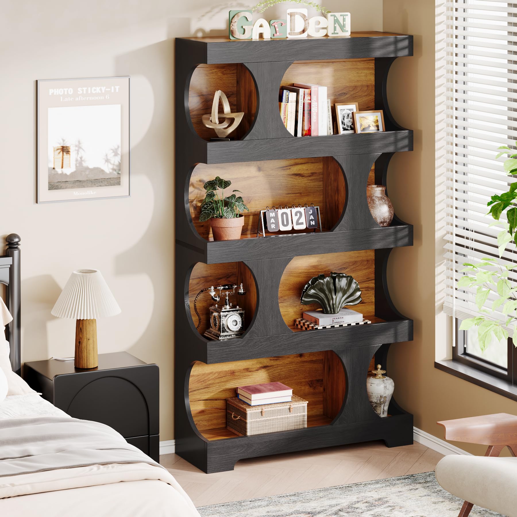 Tribesigns 71" Modern S-Shaped Tall Bookcase – 4-Tier Decorative Storage Shelf in Black - WoodArtSupply