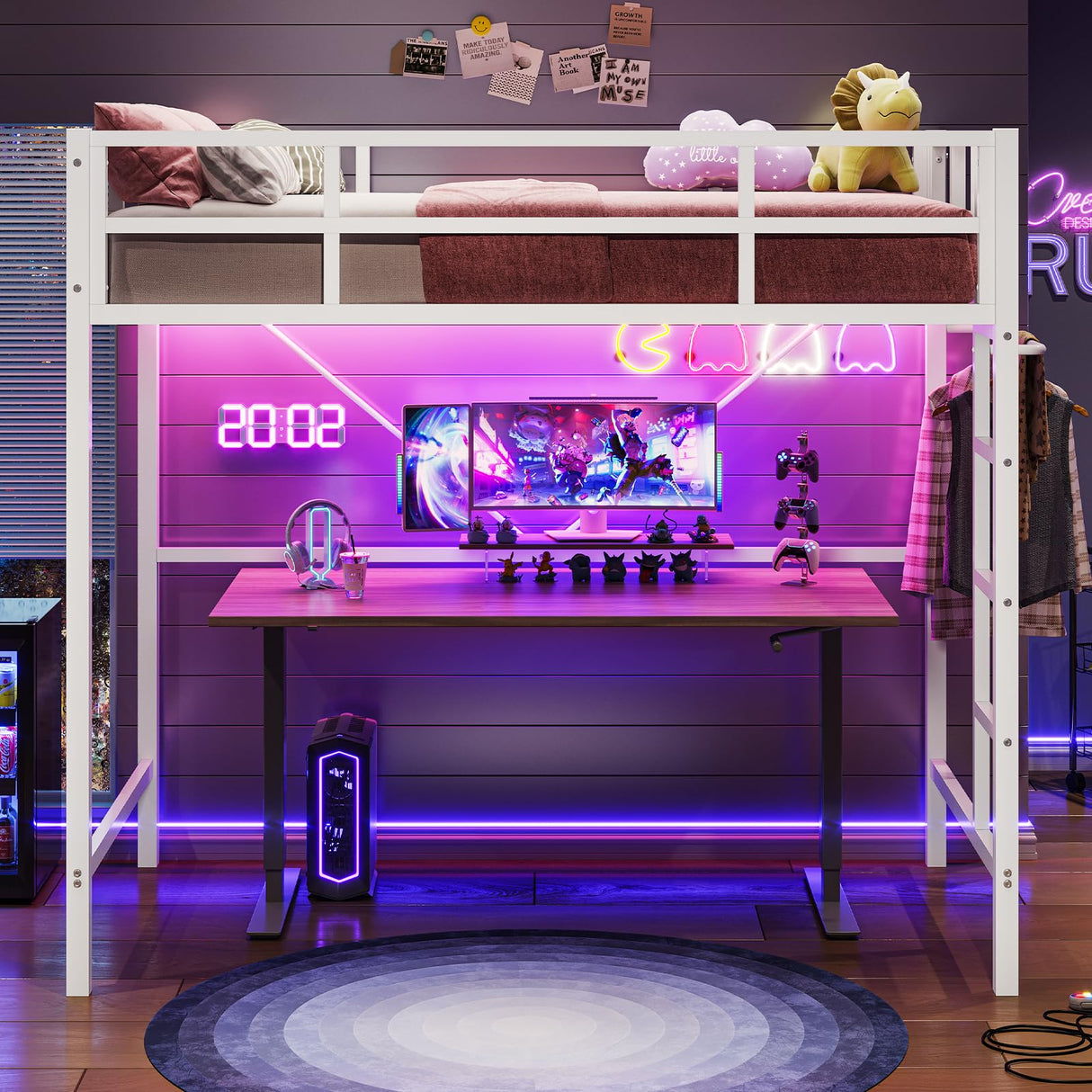 Hasuit Space-Saving Twin Loft Bed with RGB LED Lights and Guardrail, Metal Frame with Clothes Rack Hasuit
