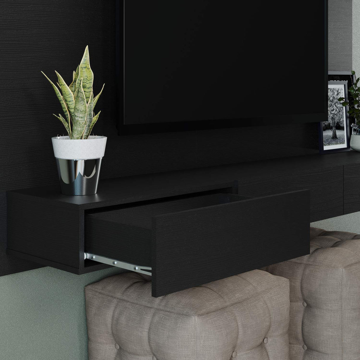 Modern Freestanding Floating Entertainment Center Floating TV Stand Wall Mounted TV Wall Panel for 70 inch TVs Home Theater with LED Strip Pull - Out Drawers and Overhead Shelf Black Naomi Home