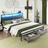 AMERLIFE Rustic Grey LED King Bed Frame with Storage Drawers & Charging Station Headboard AMERLIFE